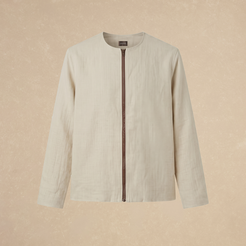 Chamarra Foco Lino Sin Cuello Beige